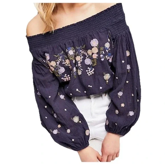 Free People Embroidered Off The Shoulder Blouse Navy Blue Floral Smocked Top S - Picture 1 of 10
